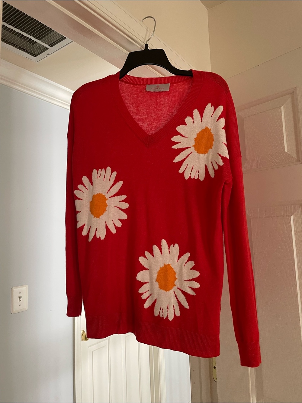 Laurie Felt Red Orange V-Neck Daisy Cashmere Blend Sweater